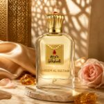 Hareem Al Sultan Khadlaj Eau de Parfum con ingredientes y fondo dorado